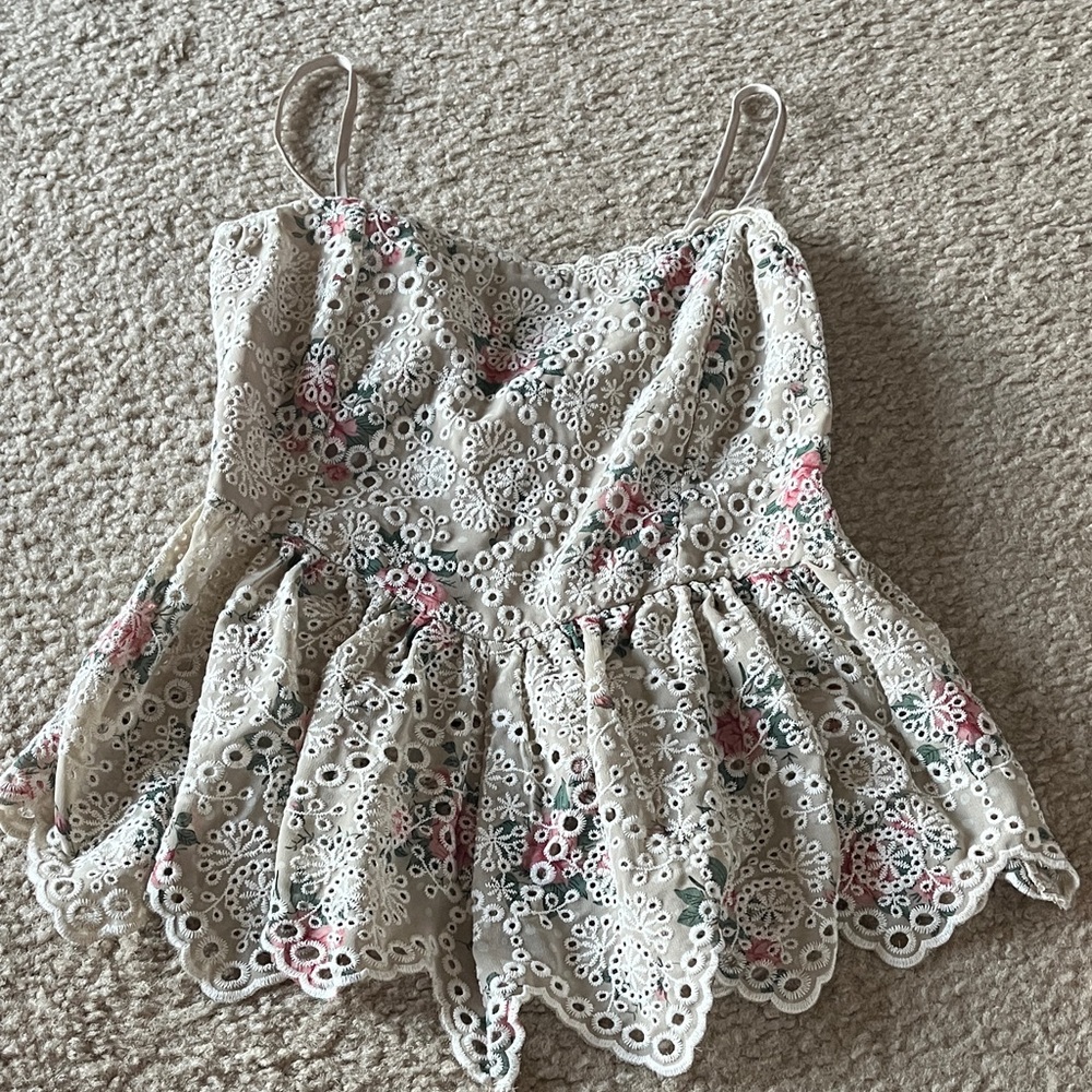 Pink Lily Floral Lace Blouse - Cream and Pink
